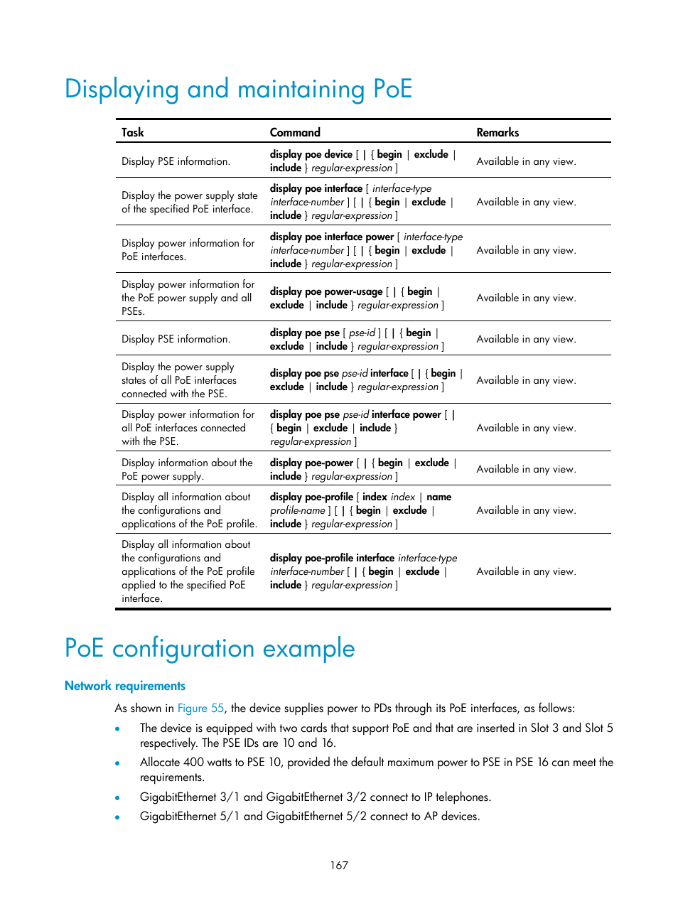Displaying and maintaining poe, Poe configuration example, Network requirements | H3C Technologies H3C MSR 50 User Manual | Page 180 / 239