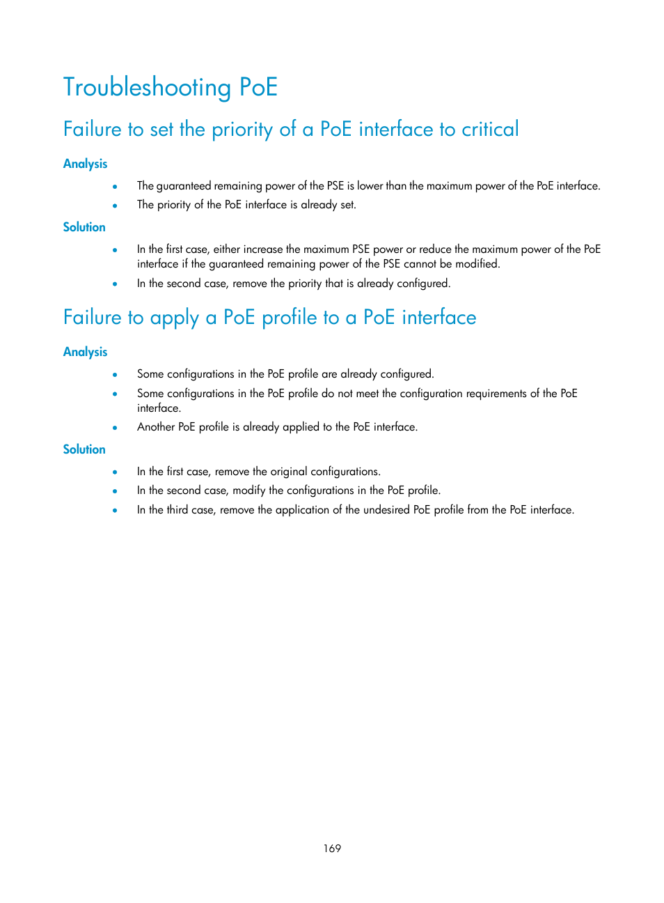 Troubleshooting poe, Analysis, Solution | Failure to apply a poe profile to a poe interface | H3C Technologies H3C MSR 50 User Manual | Page 182 / 239