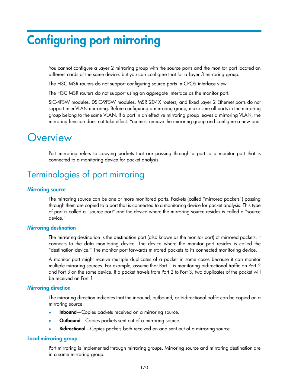 Configuring port mirroring, Overview, Terminologies of port mirroring | Mirroring source, Mirroring destination, Mirroring direction, Local mirroring group | H3C Technologies H3C MSR 50 User Manual | Page 183 / 239