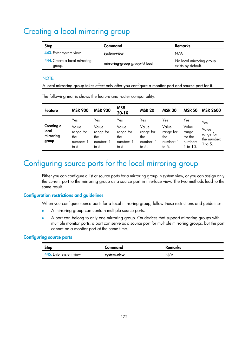 Creating a local mirroring group, Configuration restrictions and guidelines, Configuring source ports | H3C Technologies H3C MSR 50 User Manual | Page 185 / 239