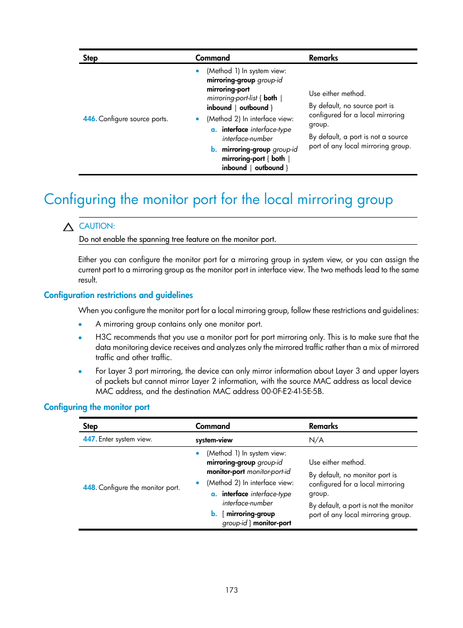 Configuration restrictions and guidelines, Configuring the monitor port | H3C Technologies H3C MSR 50 User Manual | Page 186 / 239