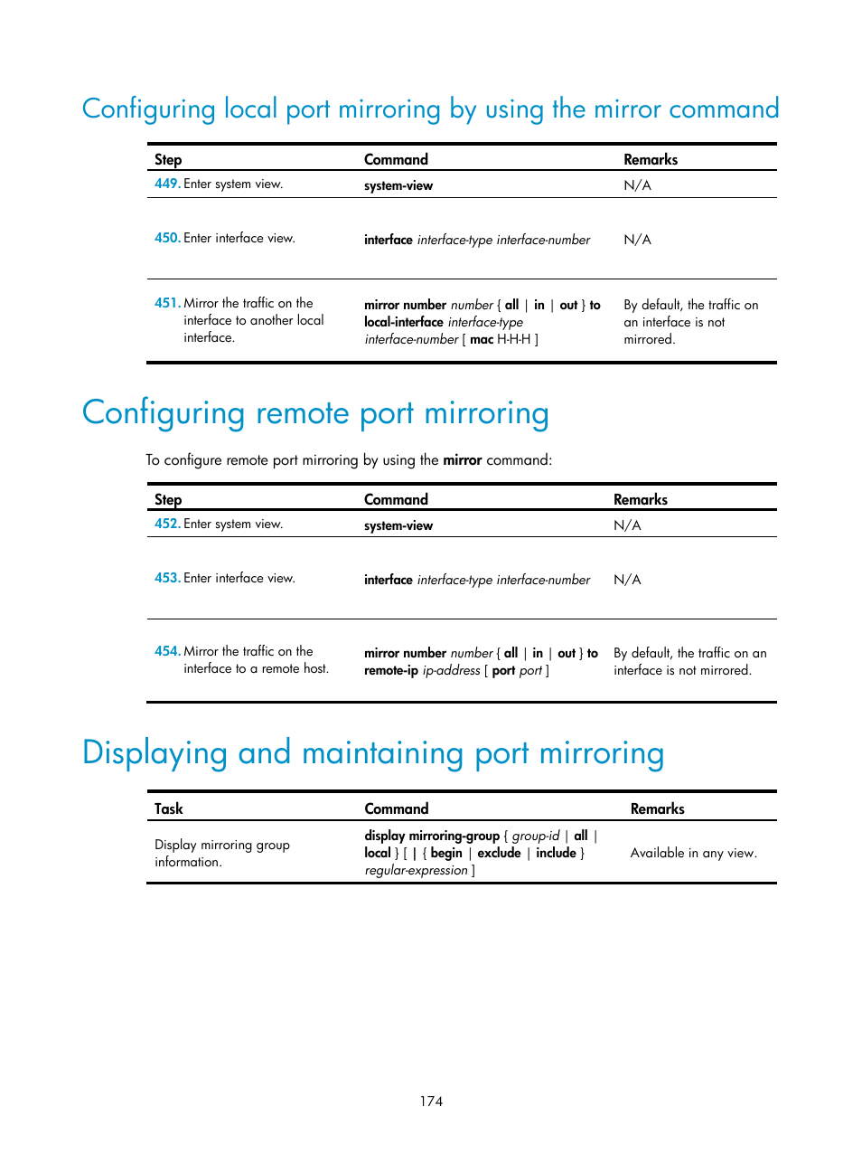 Configuring remote port mirroring, Displaying and maintaining port mirroring | H3C Technologies H3C MSR 50 User Manual | Page 187 / 239