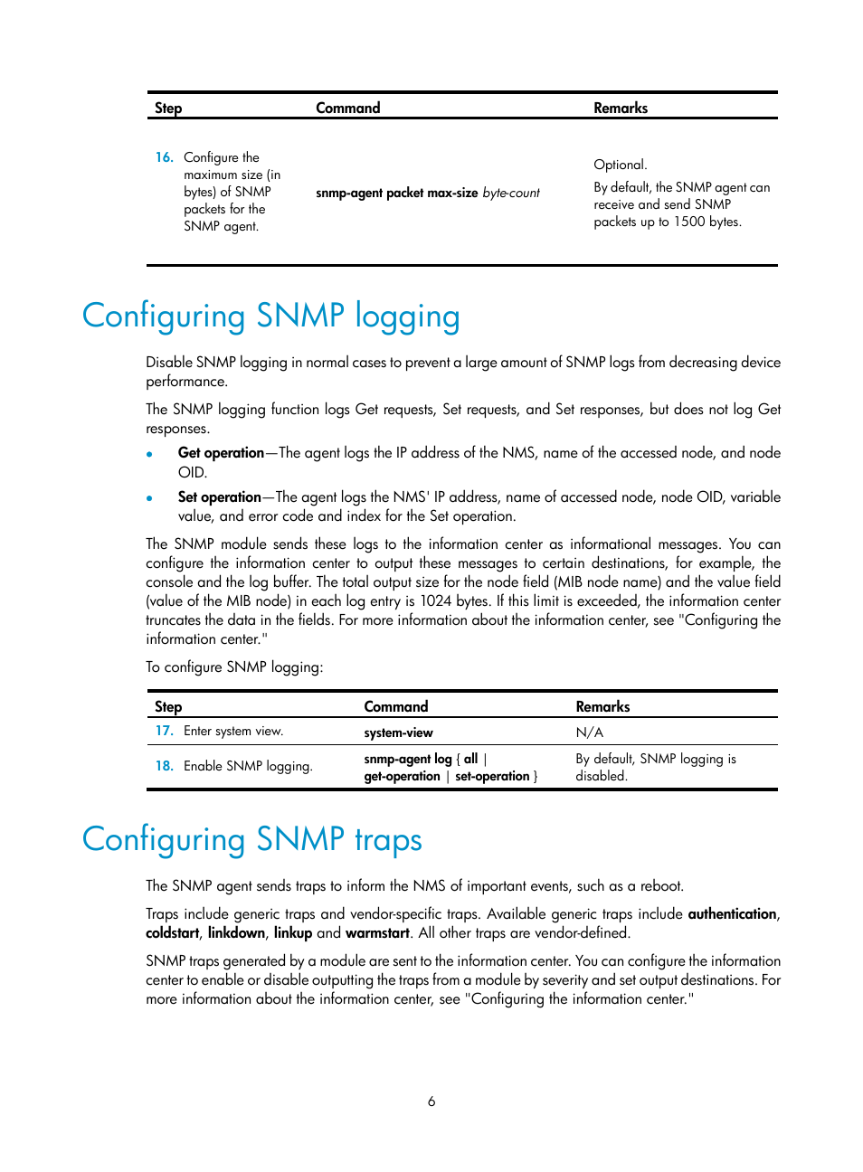 Configuring snmp logging, Configuring snmp traps | H3C Technologies H3C MSR 50 User Manual | Page 19 / 239