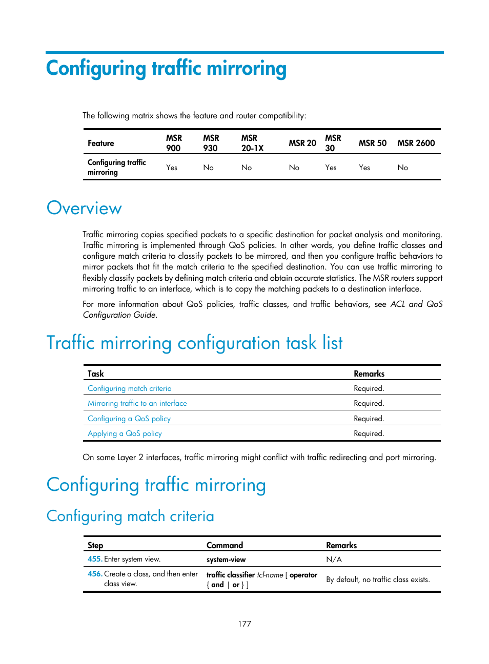 Configuring traffic mirroring, Overview, Traffic mirroring configuration task list | Configuring match criteria | H3C Technologies H3C MSR 50 User Manual | Page 190 / 239
