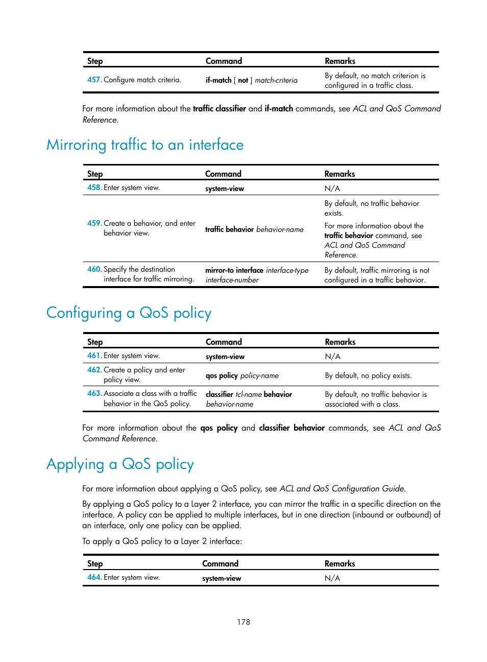 Mirroring traffic to an interface, Configuring a qos policy, Applying a qos policy | H3C Technologies H3C MSR 50 User Manual | Page 191 / 239