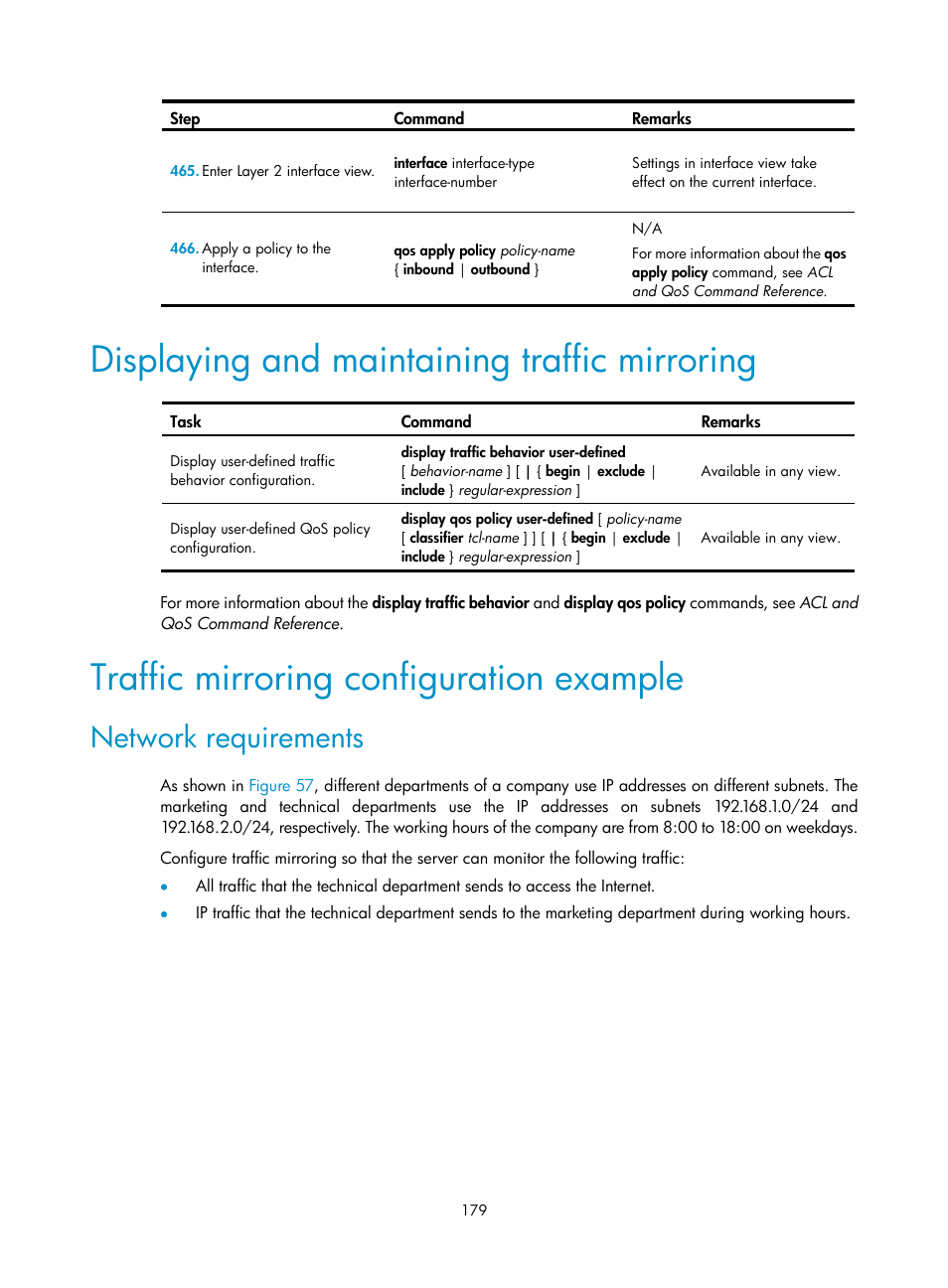 Displaying and maintaining traffic mirroring, Traffic mirroring configuration example, Network requirements | H3C Technologies H3C MSR 50 User Manual | Page 192 / 239