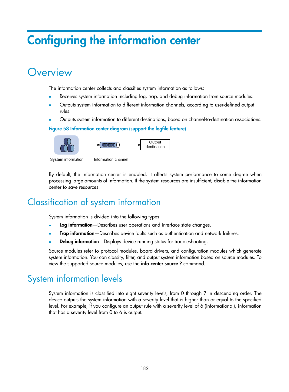 Configuring the information center, Overview, Classification of system information | System information levels | H3C Technologies H3C MSR 50 User Manual | Page 195 / 239