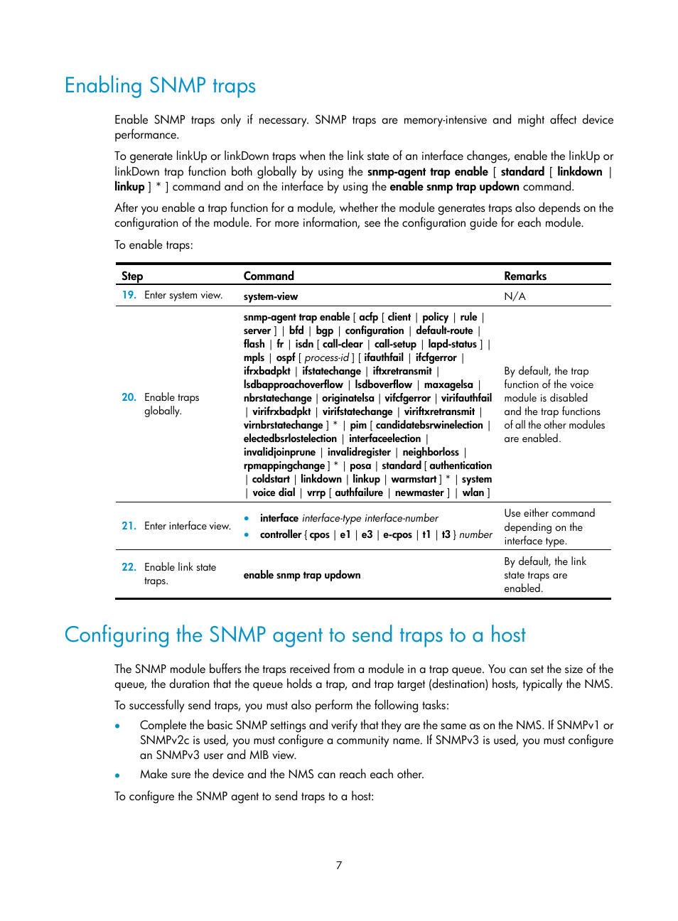 Enabling snmp traps, Configuring the snmp agent to send traps to a host | H3C Technologies H3C MSR 50 User Manual | Page 20 / 239