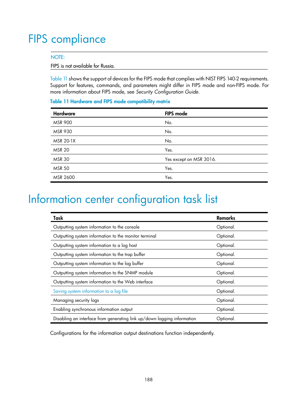 Fips compliance, Information center configuration task list | H3C Technologies H3C MSR 50 User Manual | Page 201 / 239