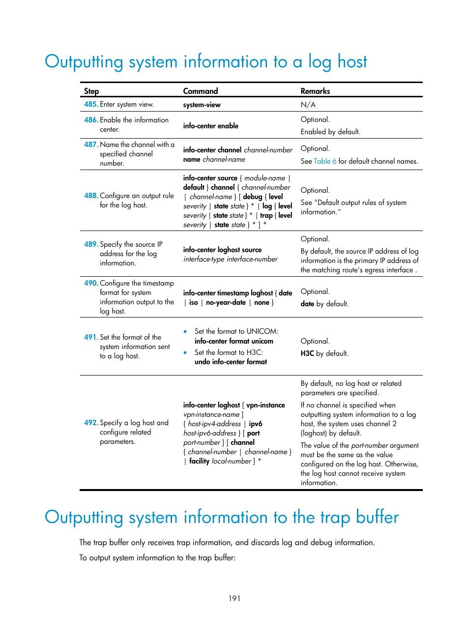 Outputting system information to a log host, Outputting system information to the trap buffer | H3C Technologies H3C MSR 50 User Manual | Page 204 / 239