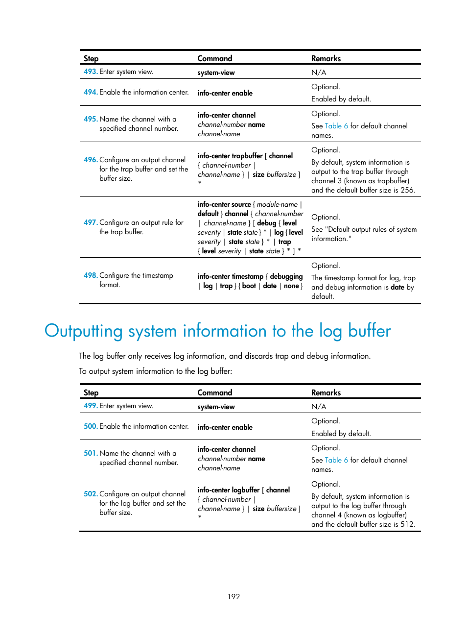 Outputting system information to the log buffer | H3C Technologies H3C MSR 50 User Manual | Page 205 / 239