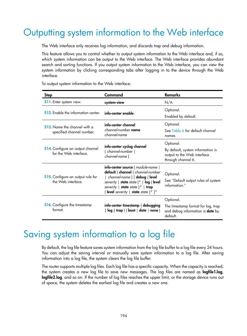 Outputting system information to the web interface, Saving system information to a log file | H3C Technologies H3C MSR 50 User Manual | Page 207 / 239