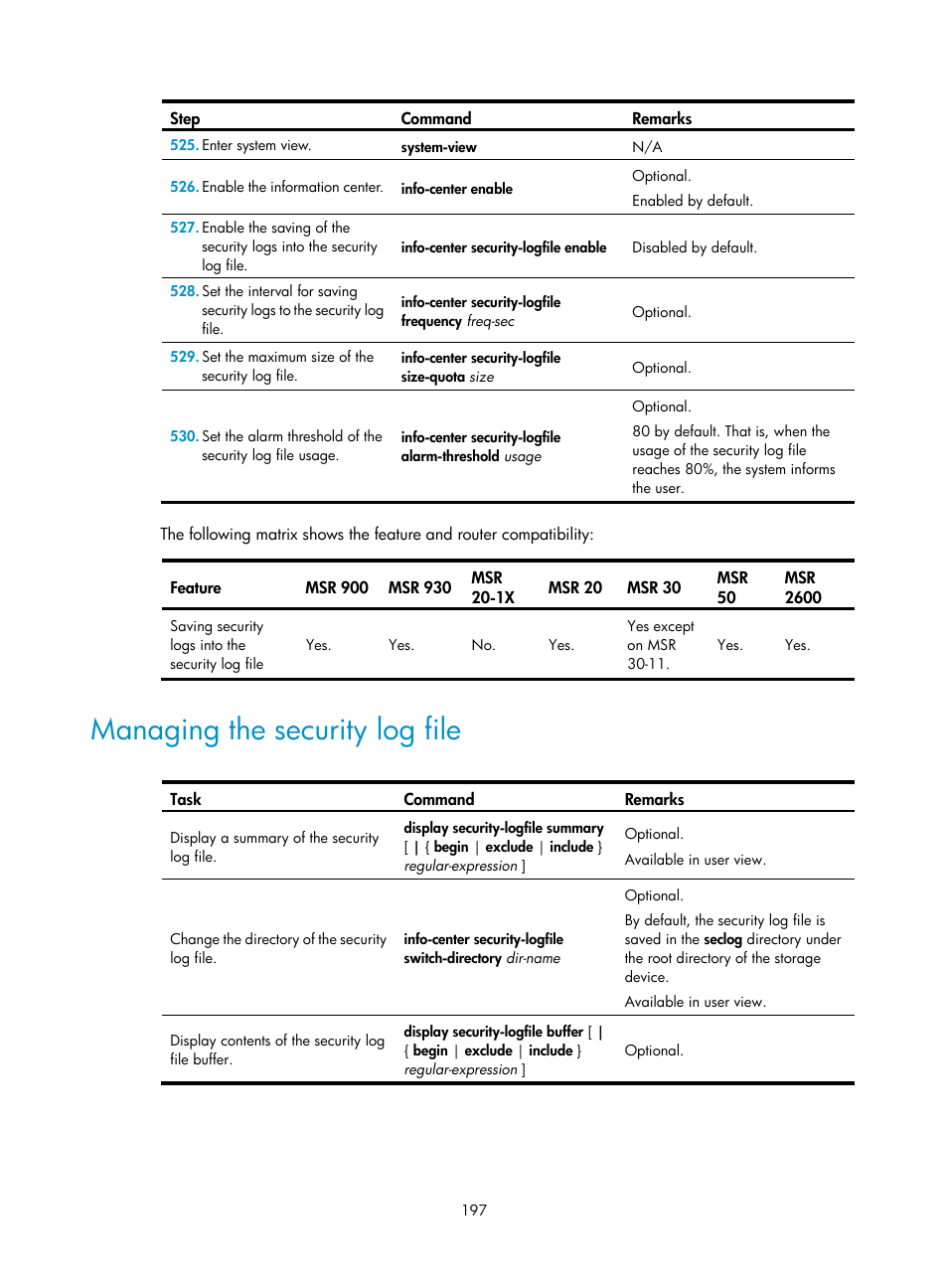 Managing the security log file | H3C Technologies H3C MSR 50 User Manual | Page 210 / 239