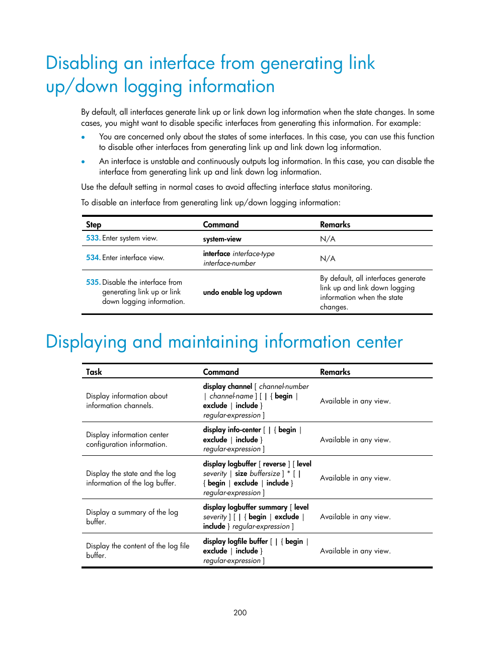 Displaying and maintaining information center | H3C Technologies H3C MSR 50 User Manual | Page 213 / 239