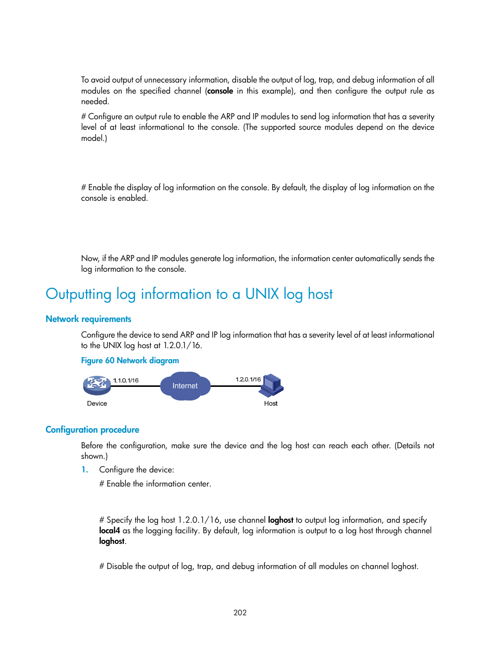 Outputting log information to a unix log host, Network requirements, Configuration procedure | H3C Technologies H3C MSR 50 User Manual | Page 215 / 239