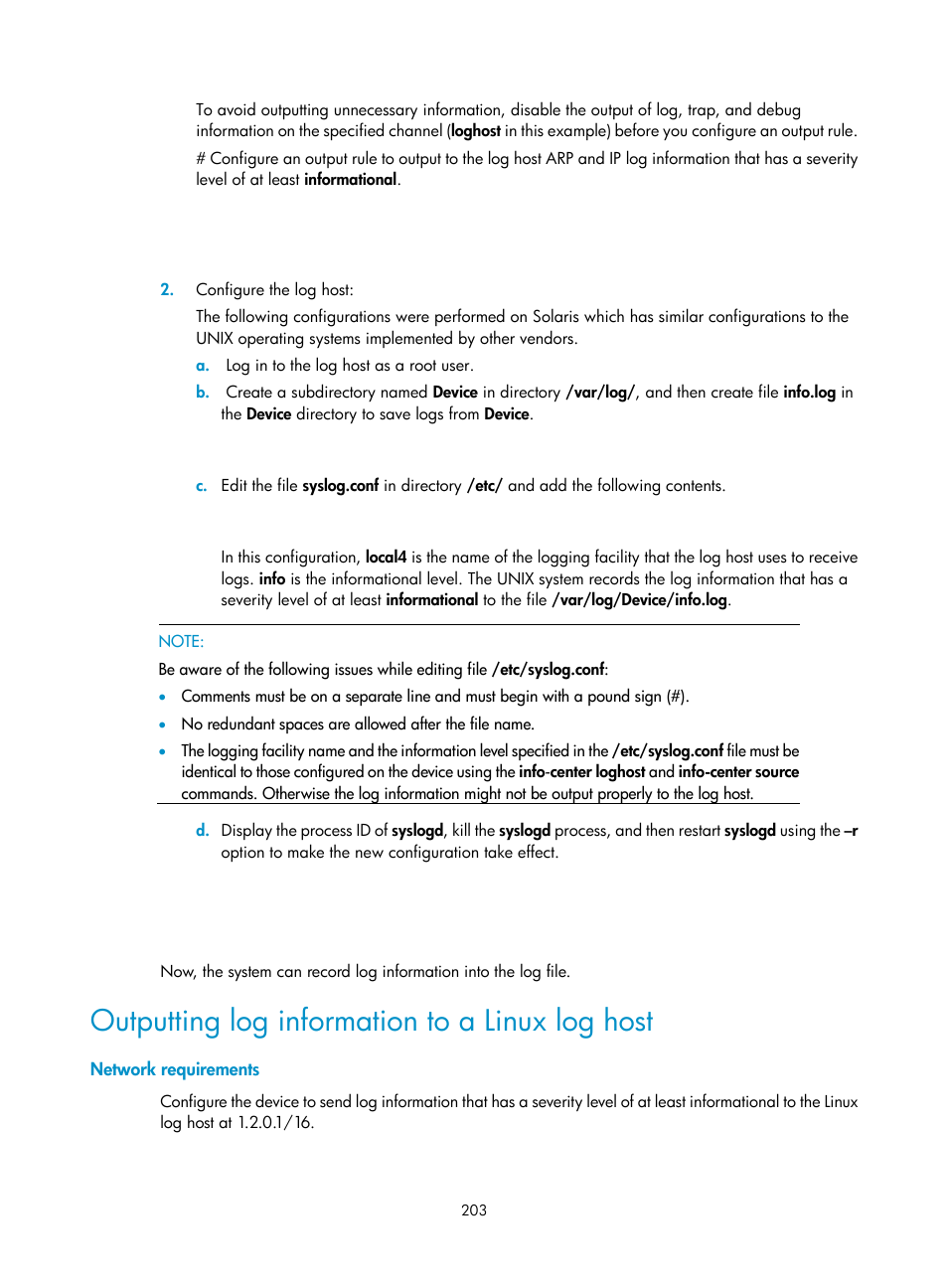 Outputting log information to a linux log host, Network requirements | H3C Technologies H3C MSR 50 User Manual | Page 216 / 239