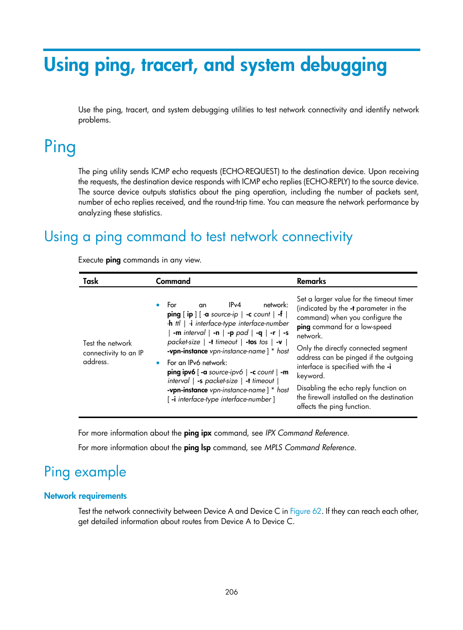 Using ping, tracert, and system debugging, Ping, Using a ping command to test network connectivity | Ping example, Network requirements | H3C Technologies H3C MSR 50 User Manual | Page 219 / 239