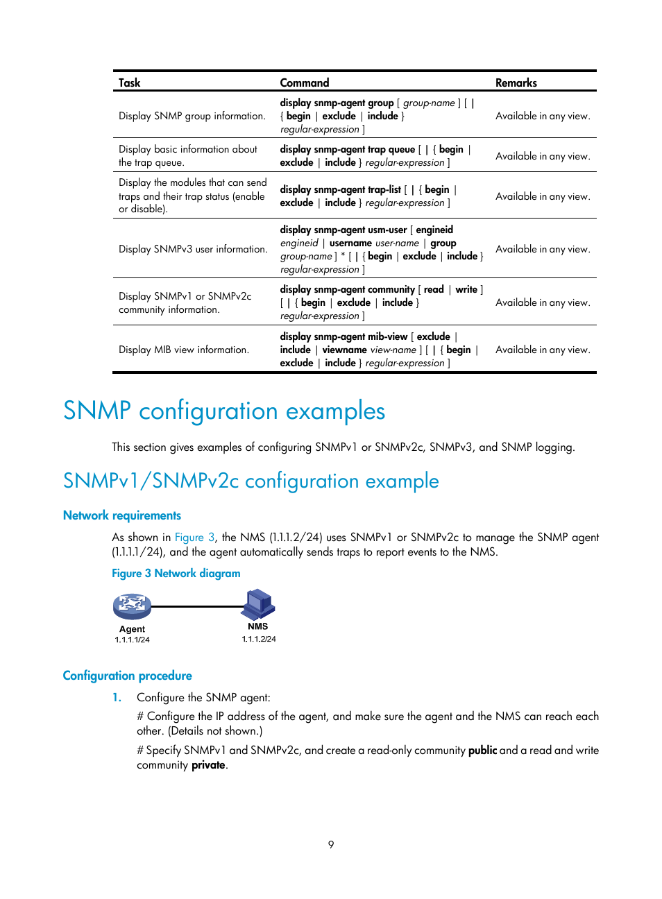 Snmp configuration examples, Snmpv1/snmpv2c configuration example, Network requirements | Configuration procedure | H3C Technologies H3C MSR 50 User Manual | Page 22 / 239