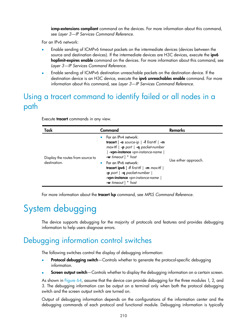 System debugging, Debugging information control switches | H3C Technologies H3C MSR 50 User Manual | Page 223 / 239
