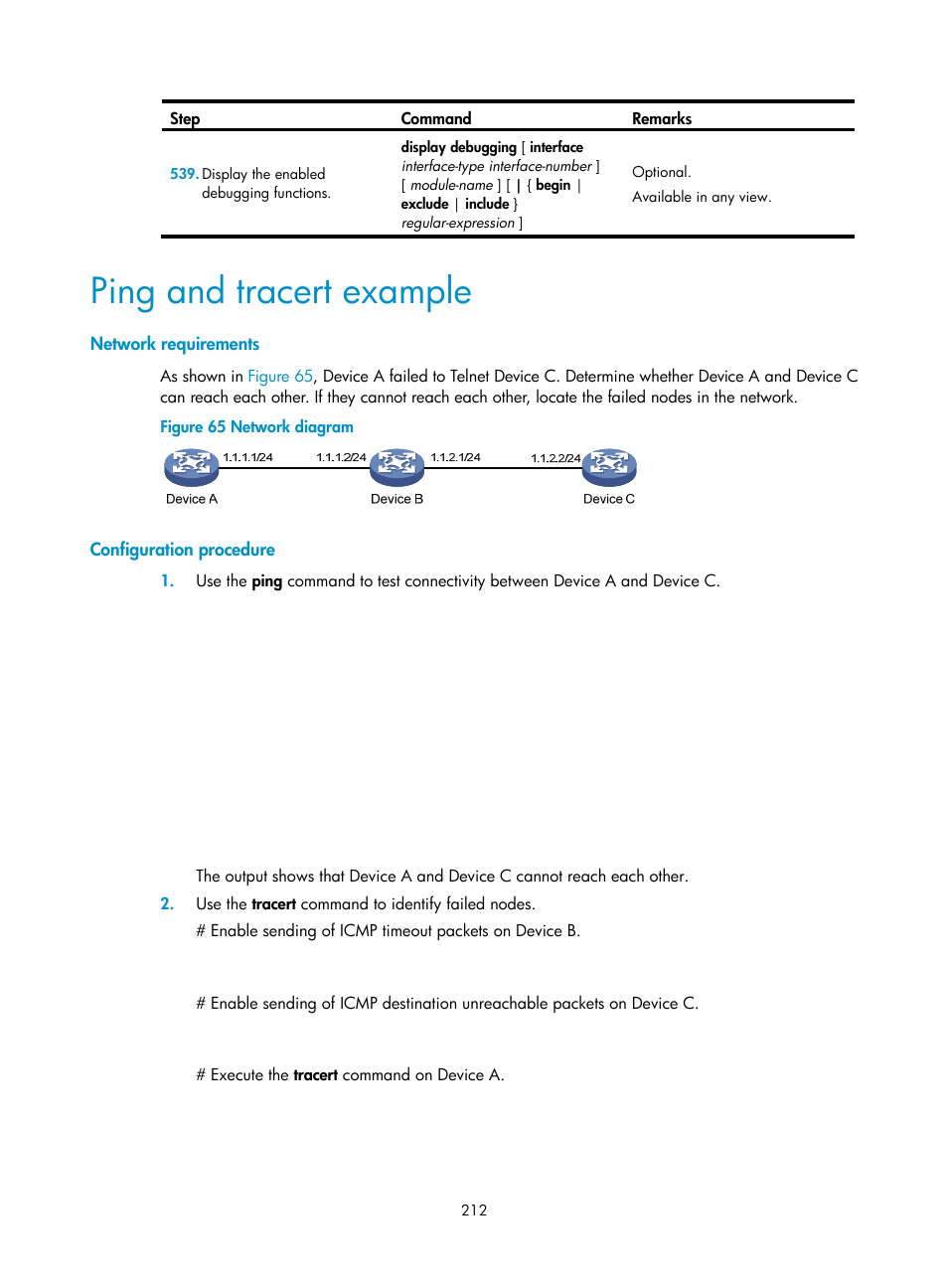 Ping and tracert example, Network requirements, Configuration procedure | H3C Technologies H3C MSR 50 User Manual | Page 225 / 239