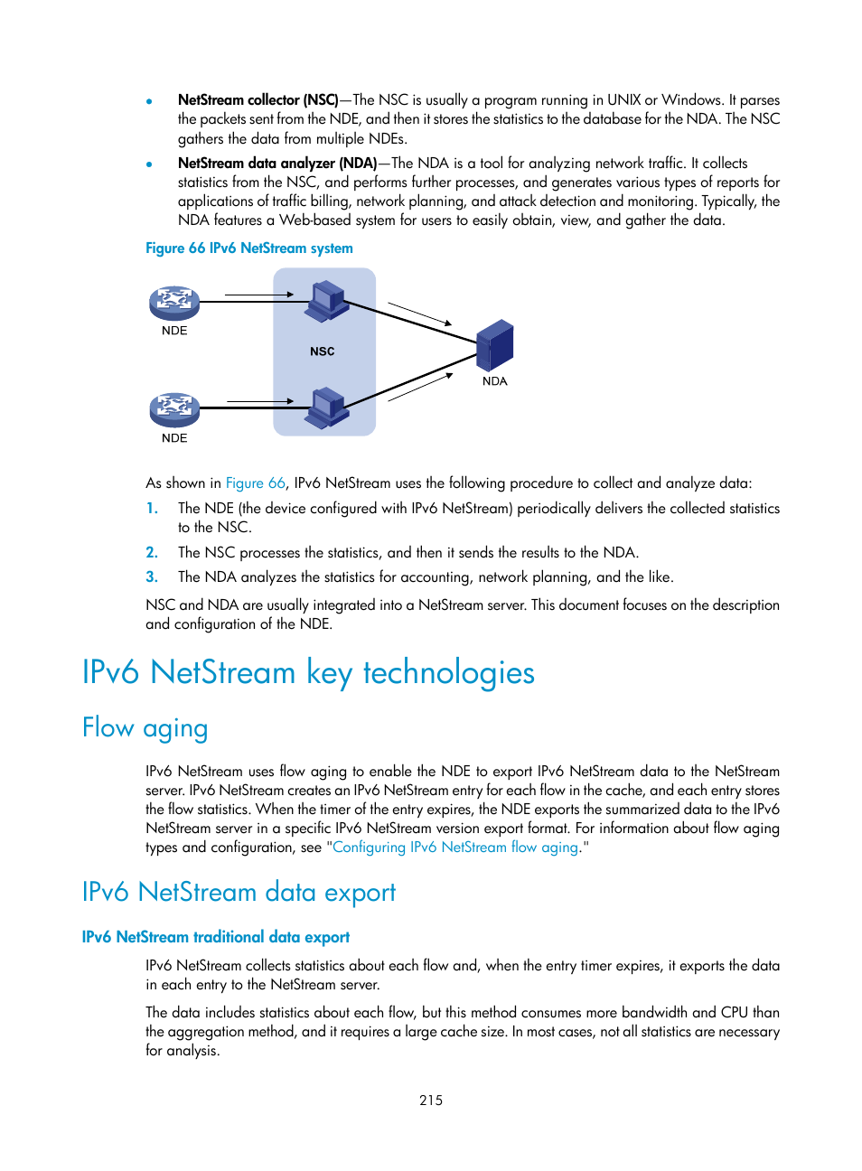 Ipv6 netstream key technologies, Flow aging, Ipv6 netstream data export | Ipv6 netstream traditional data export | H3C Technologies H3C MSR 50 User Manual | Page 228 / 239