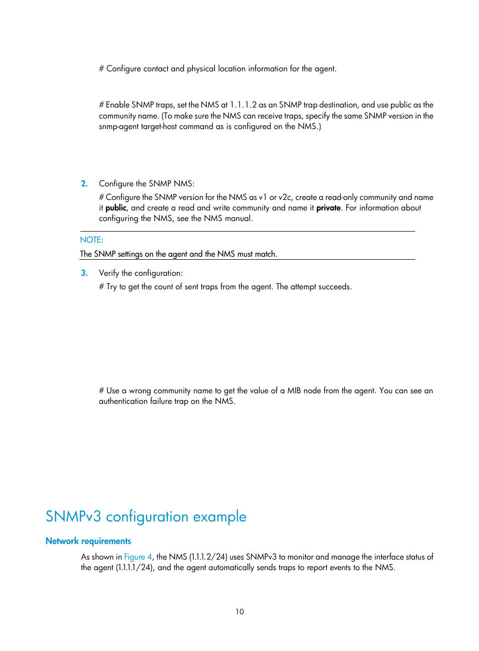 Snmpv3 configuration example, Network requirements | H3C Technologies H3C MSR 50 User Manual | Page 23 / 239