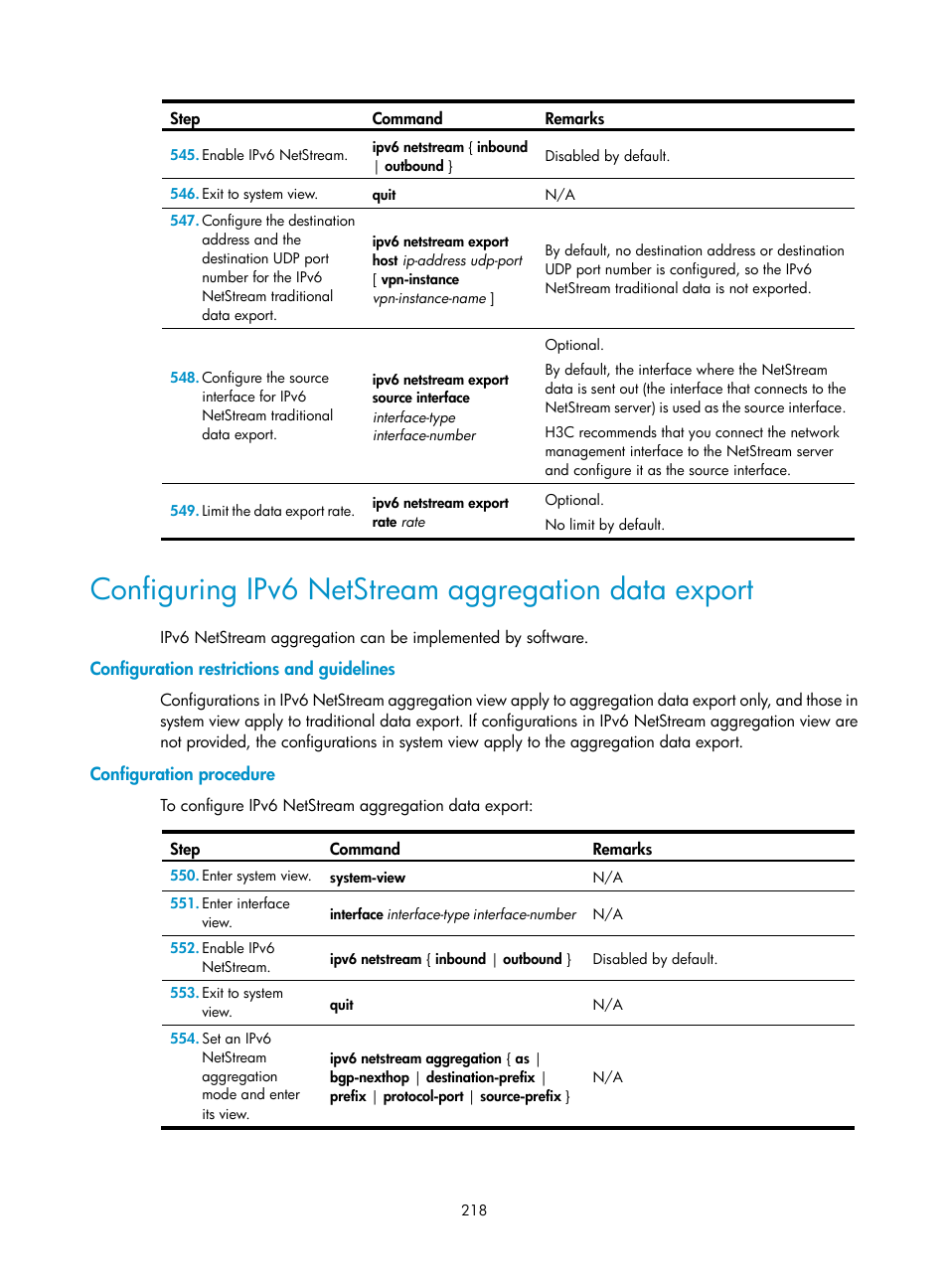 Configuring ipv6 netstream aggregation data export, Configuration restrictions and guidelines, Configuration procedure | Configuring ipv6 netstream traditional data export | H3C Technologies H3C MSR 50 User Manual | Page 231 / 239