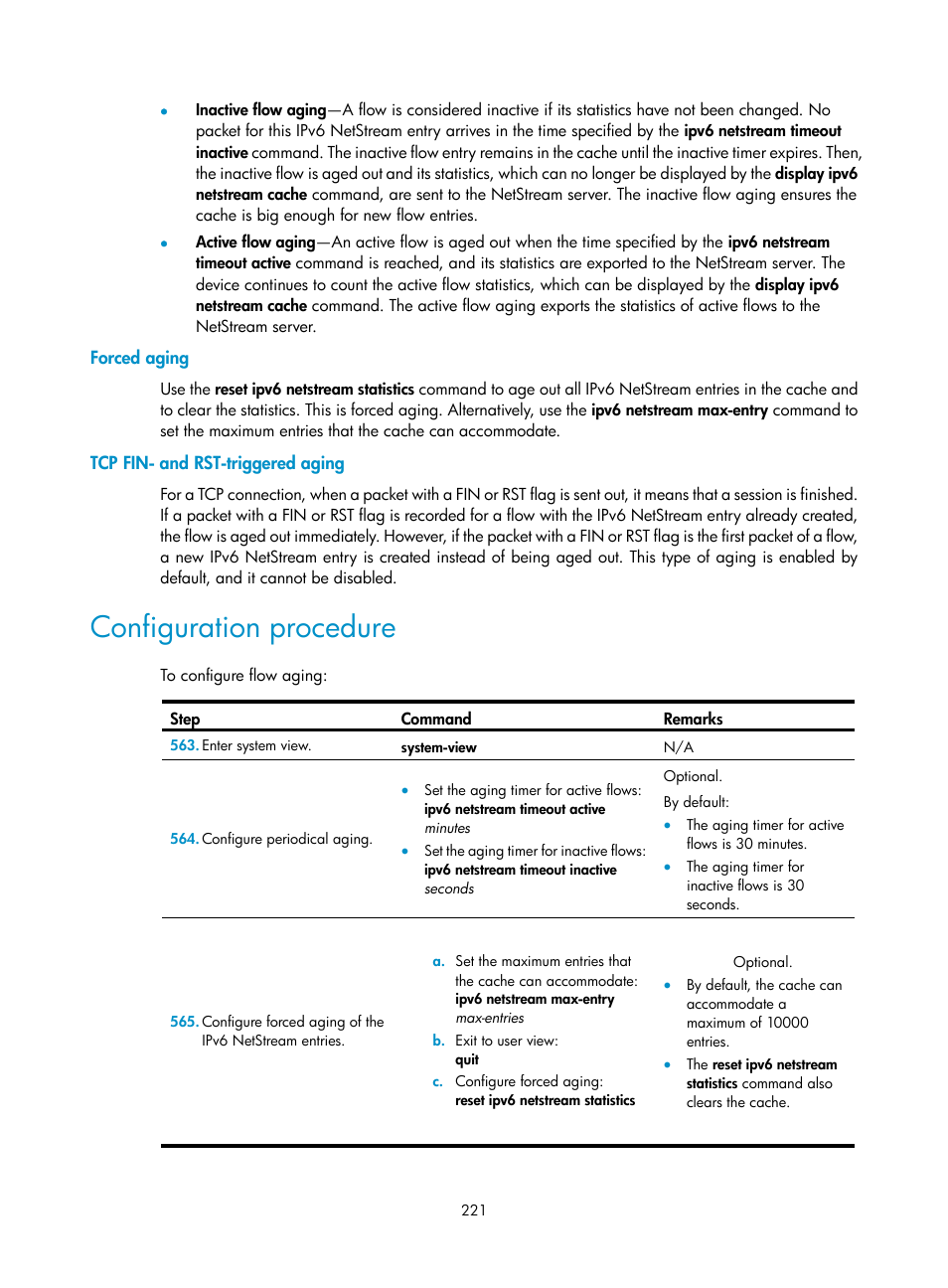 Forced aging, Tcp fin- and rst-triggered aging, Configuration procedure | H3C Technologies H3C MSR 50 User Manual | Page 234 / 239