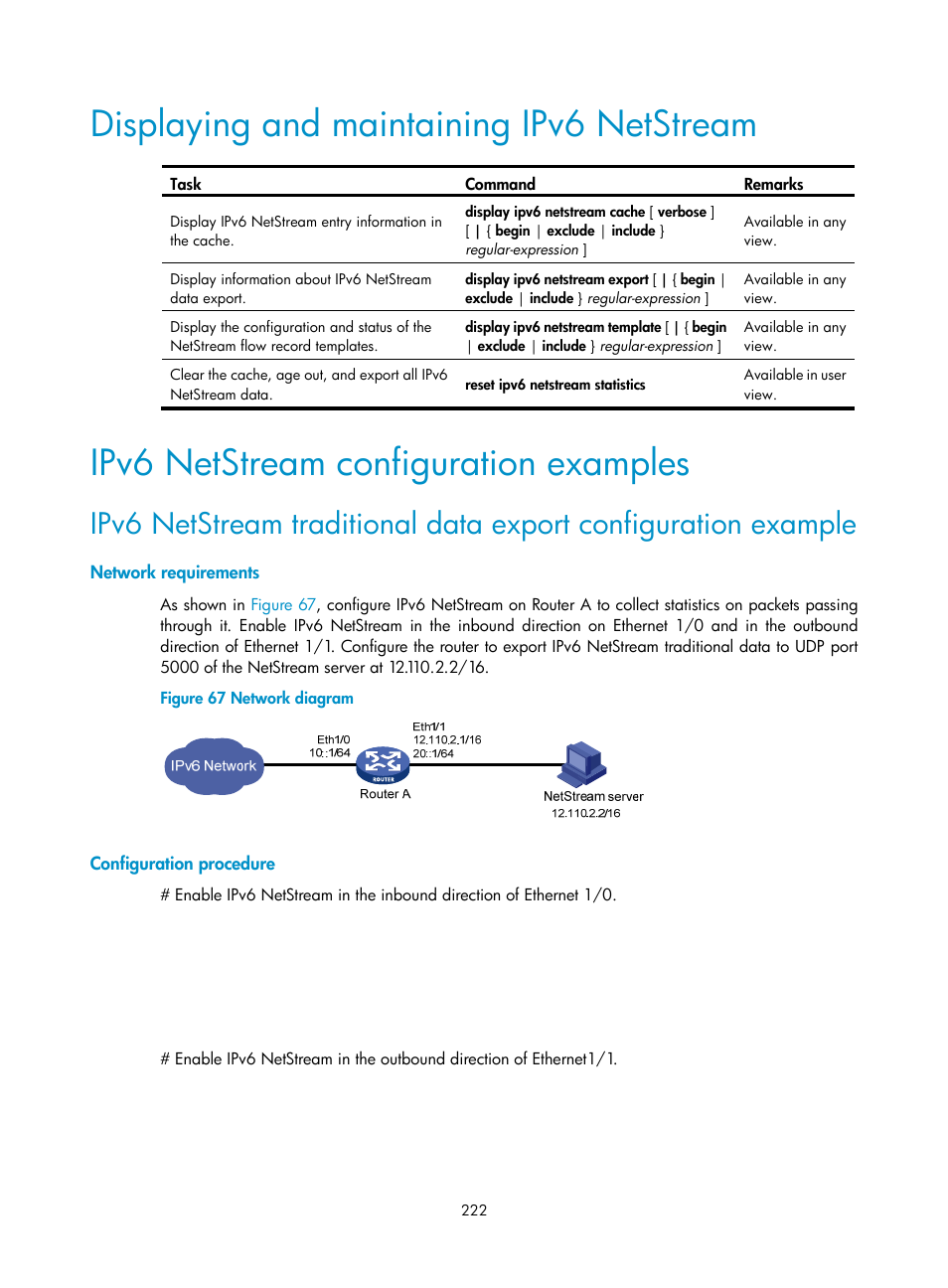 Displaying and maintaining ipv6 netstream, Ipv6 netstream configuration examples, Network requirements | Configuration procedure | H3C Technologies H3C MSR 50 User Manual | Page 235 / 239