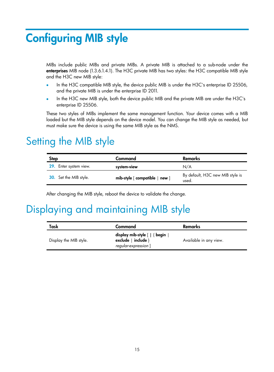 Configuring mib style, Setting the mib style, Displaying and maintaining mib style | H3C Technologies H3C MSR 50 User Manual | Page 28 / 239