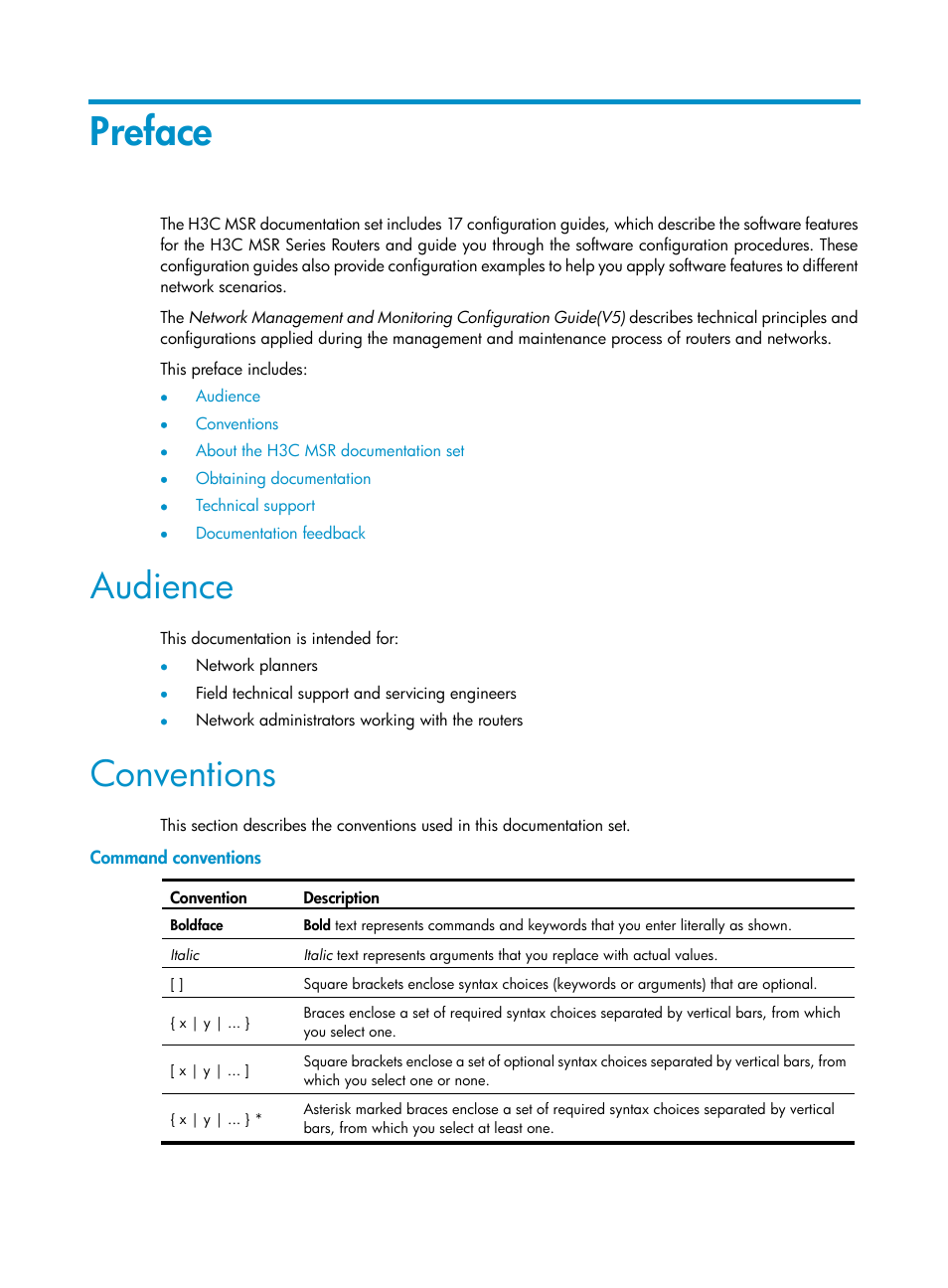 Preface, Audience, Conventions | Command conventions | H3C Technologies H3C MSR 50 User Manual | Page 3 / 239