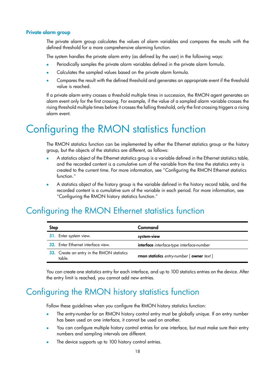 Private alarm group, Configuring the rmon statistics function, Configuring the rmon ethernet statistics function | Configuring the rmon history statistics function | H3C Technologies H3C MSR 50 User Manual | Page 31 / 239