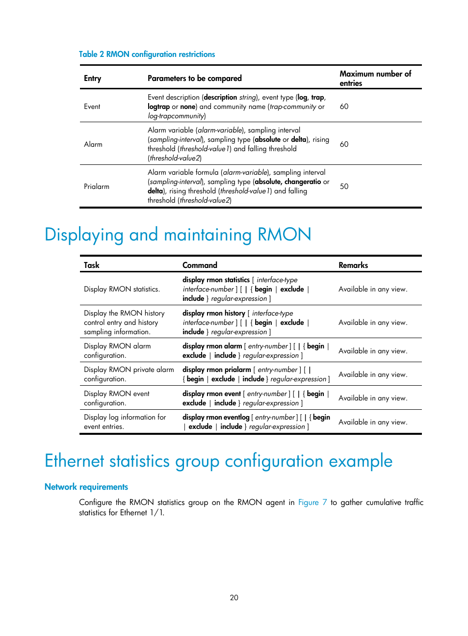 Displaying and maintaining rmon, Ethernet statistics group configuration example, Network requirements | Table 2 | H3C Technologies H3C MSR 50 User Manual | Page 33 / 239