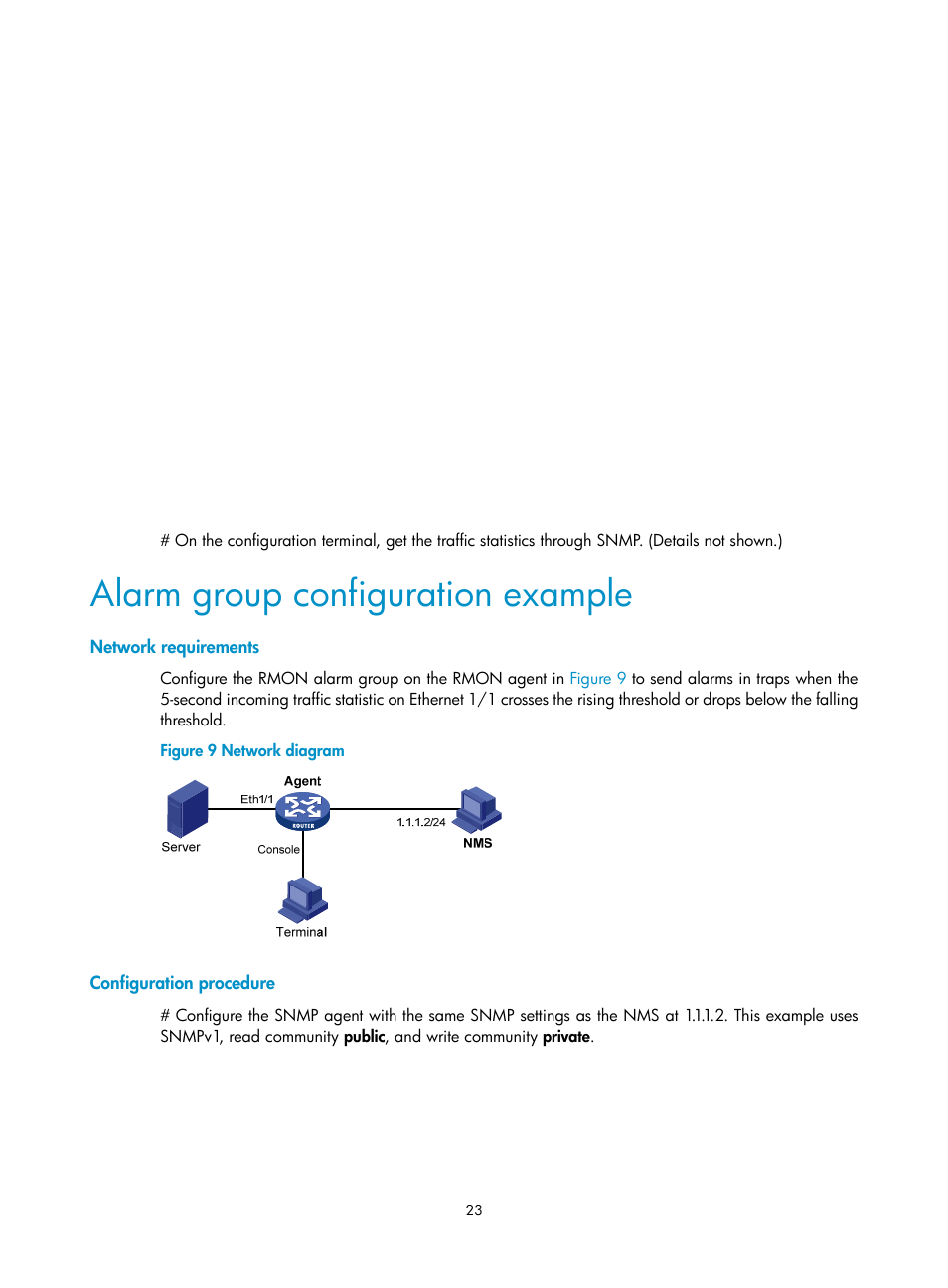 Alarm group configuration example, Network requirements, Configuration procedure | H3C Technologies H3C MSR 50 User Manual | Page 36 / 239