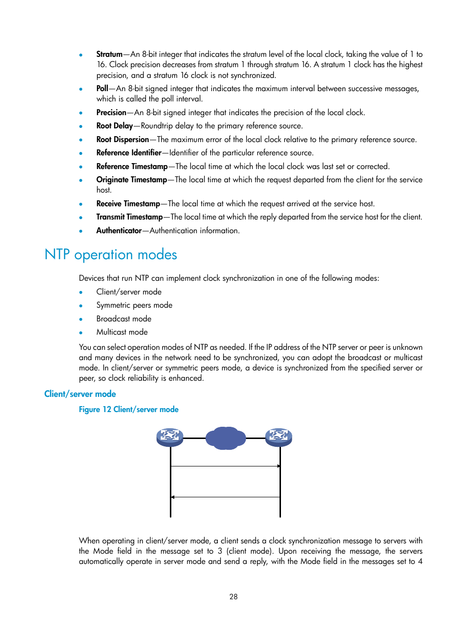 Ntp operation modes, Client/server mode | H3C Technologies H3C MSR 50 User Manual | Page 41 / 239