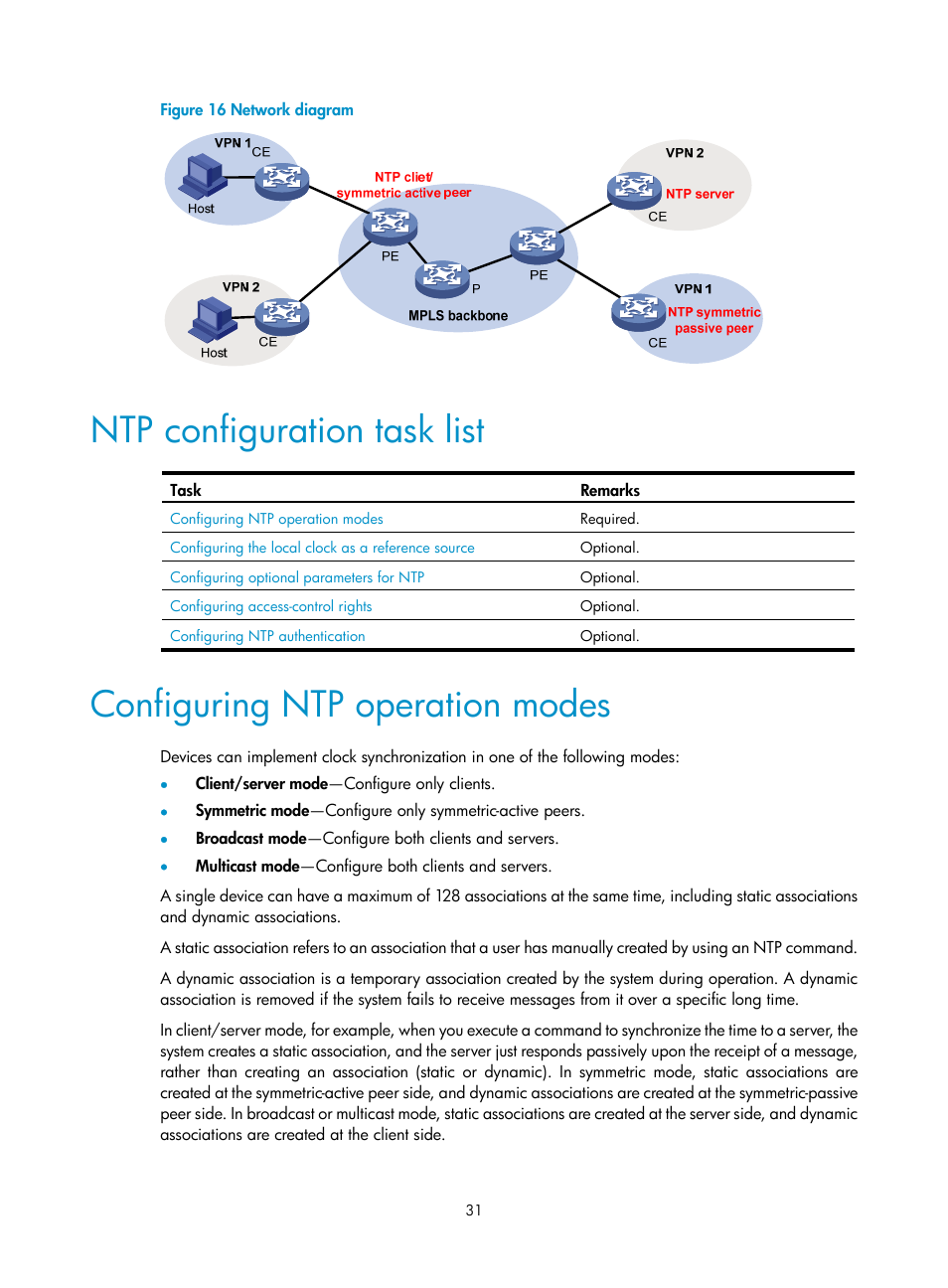 Ntp configuration task list, Configuring ntp operation modes | H3C Technologies H3C MSR 50 User Manual | Page 44 / 239