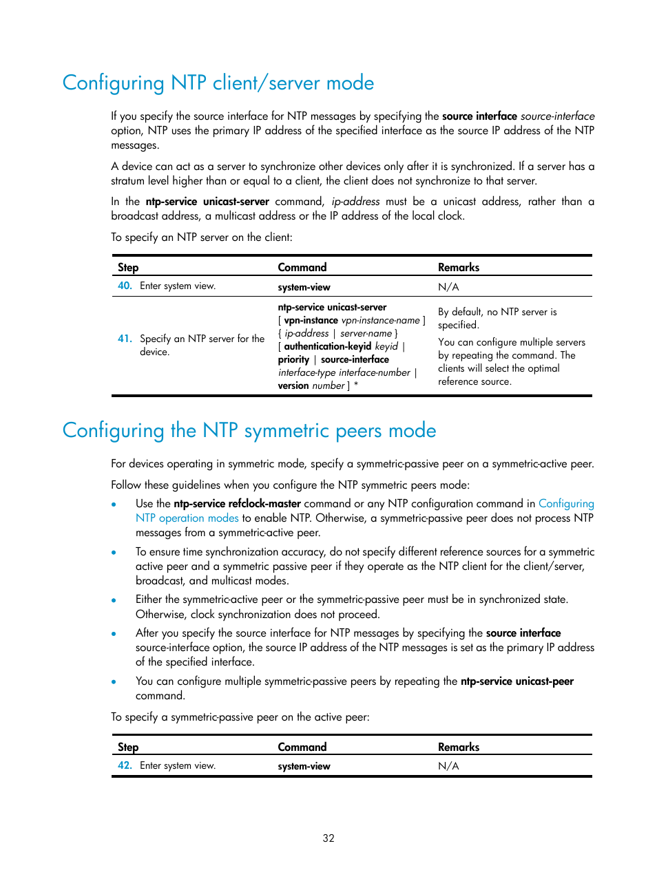 Configuring ntp client/server mode, Configuring the ntp symmetric peers mode | H3C Technologies H3C MSR 50 User Manual | Page 45 / 239