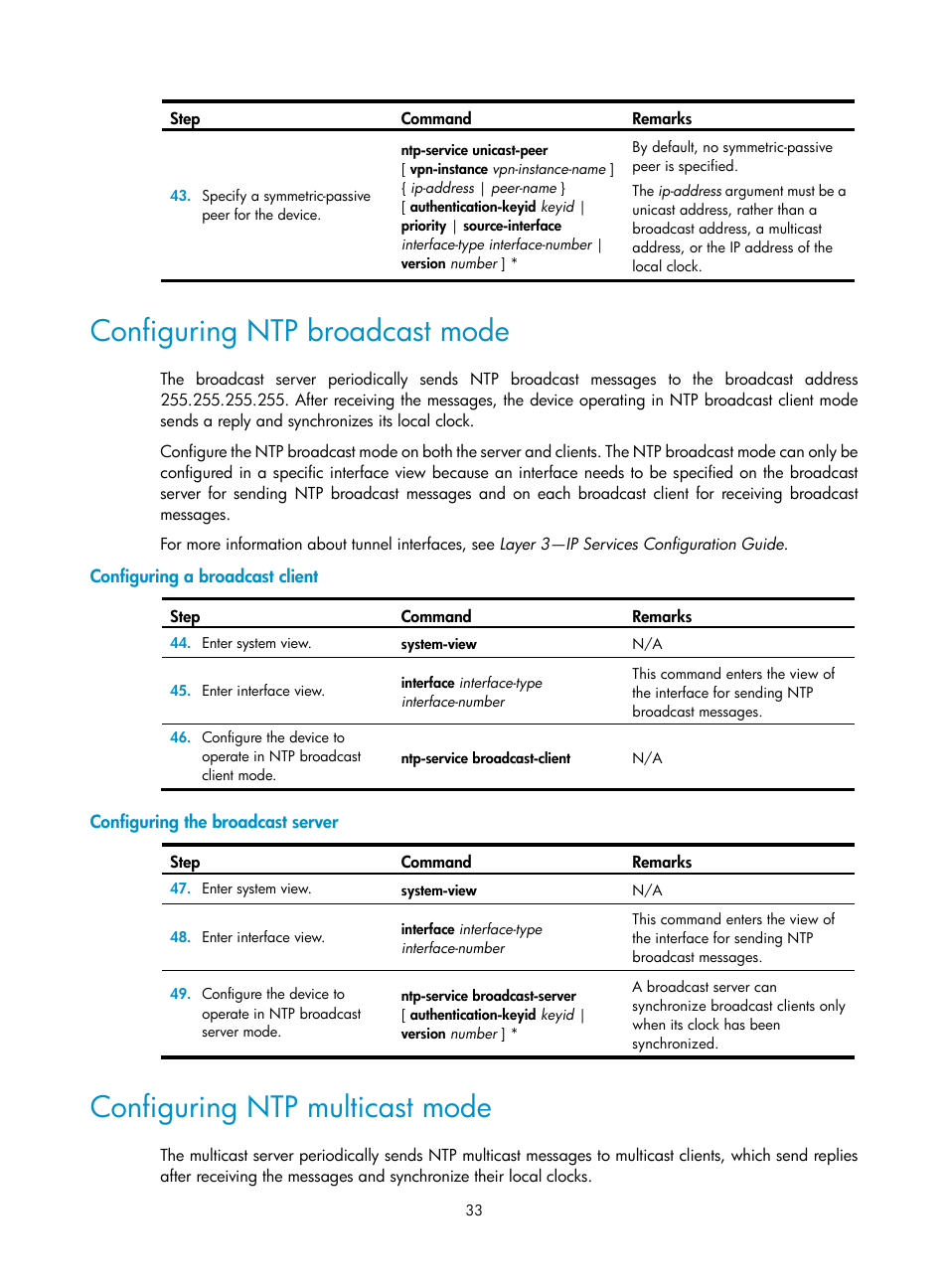 Configuring ntp broadcast mode, Configuring a broadcast client, Configuring the broadcast server | Configuring ntp multicast mode | H3C Technologies H3C MSR 50 User Manual | Page 46 / 239