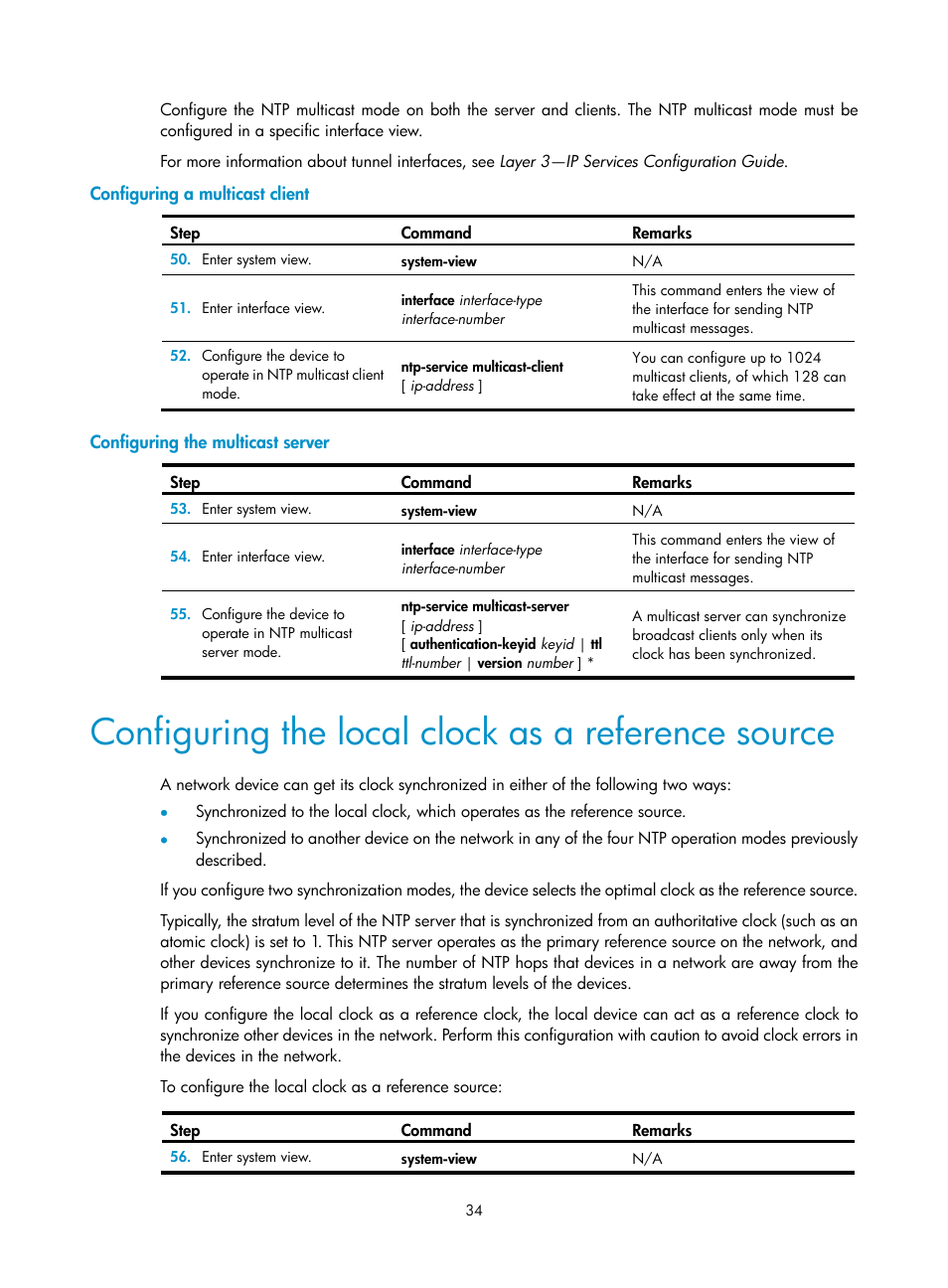 Configuring a multicast client, Configuring the multicast server, Configuring the local clock as a reference source | H3C Technologies H3C MSR 50 User Manual | Page 47 / 239
