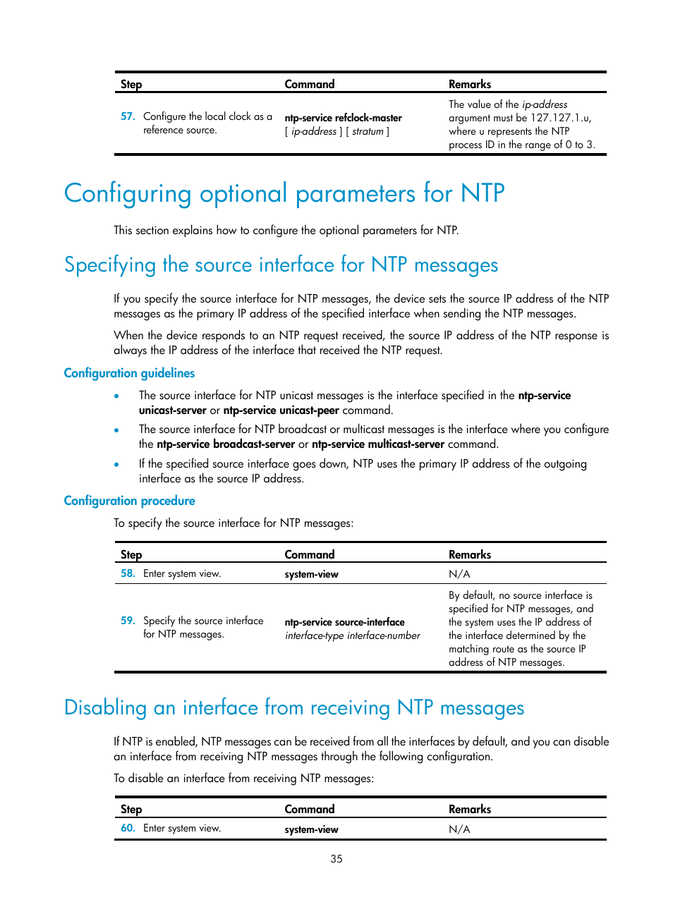 Configuring optional parameters for ntp, Specifying the source interface for ntp messages, Configuration guidelines | Configuration procedure, Disabling an interface from receiving ntp messages | H3C Technologies H3C MSR 50 User Manual | Page 48 / 239