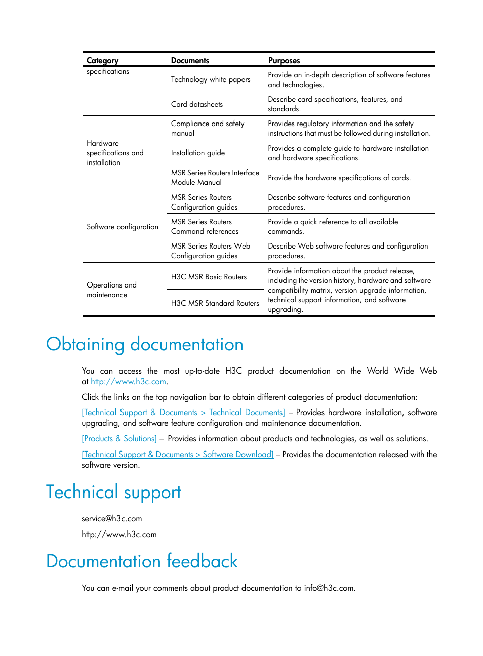 Obtaining documentation, Technical support, Documentation feedback | H3C Technologies H3C MSR 50 User Manual | Page 5 / 239