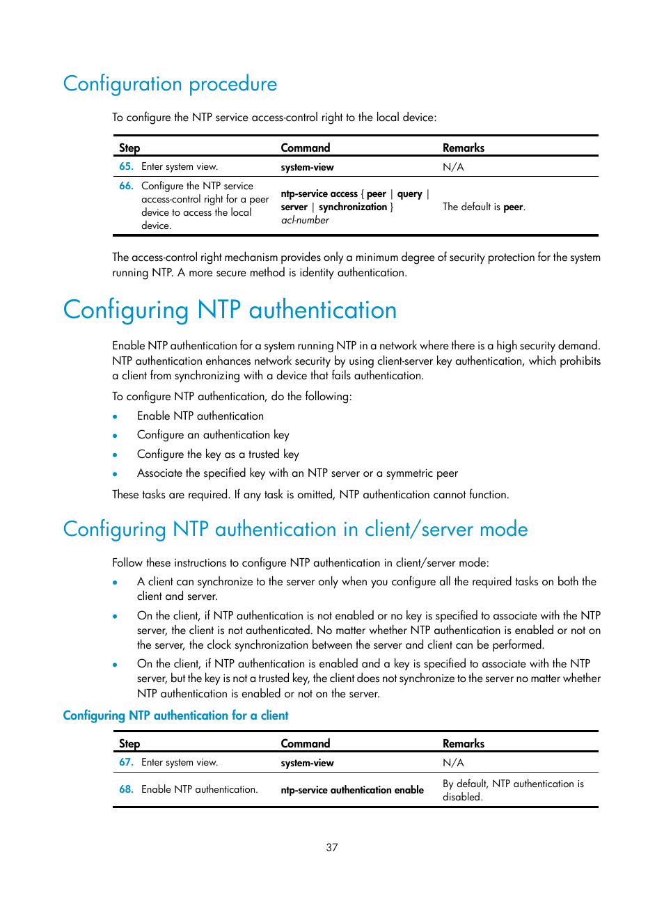 Configuration procedure, Configuring ntp authentication, Configuring ntp authentication for a client | H3C Technologies H3C MSR 50 User Manual | Page 50 / 239