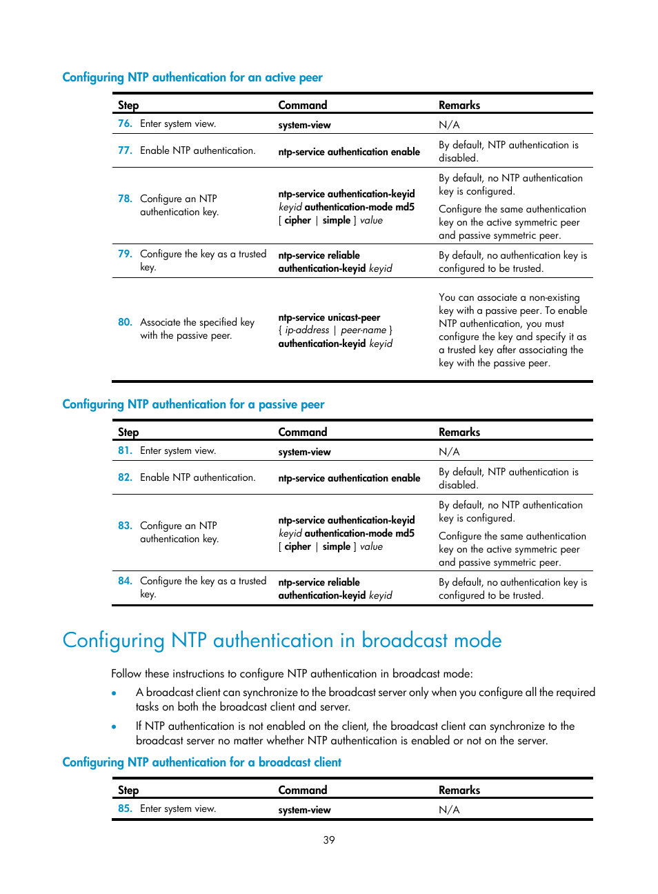 Configuring ntp authentication for an active peer, Configuring ntp authentication for a passive peer, Configuring ntp authentication in broadcast mode | H3C Technologies H3C MSR 50 User Manual | Page 52 / 239