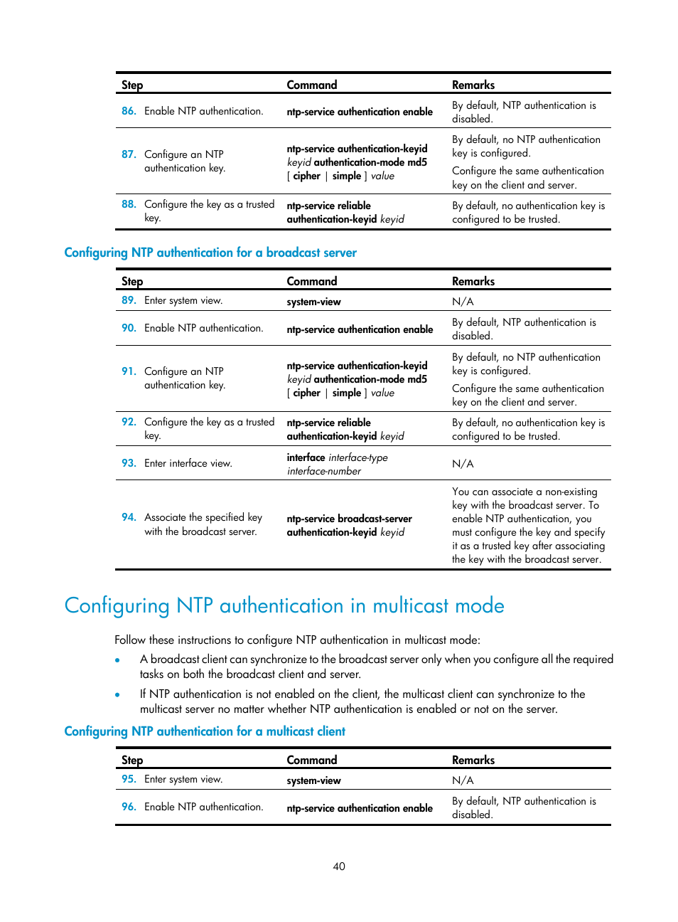 Configuring ntp authentication in multicast mode | H3C Technologies H3C MSR 50 User Manual | Page 53 / 239