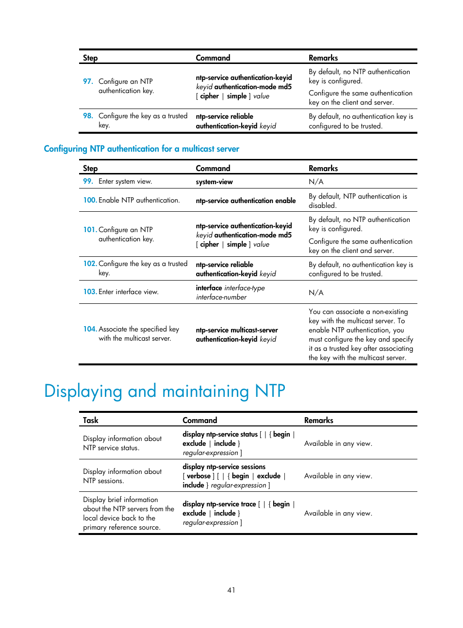 Displaying and maintaining ntp | H3C Technologies H3C MSR 50 User Manual | Page 54 / 239