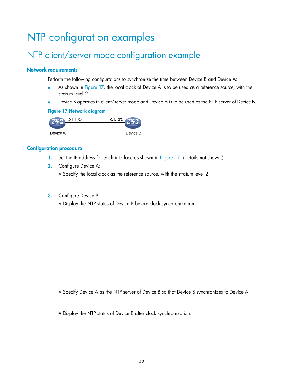 Ntp configuration examples, Ntp client/server mode configuration example, Network requirements | Configuration procedure | H3C Technologies H3C MSR 50 User Manual | Page 55 / 239