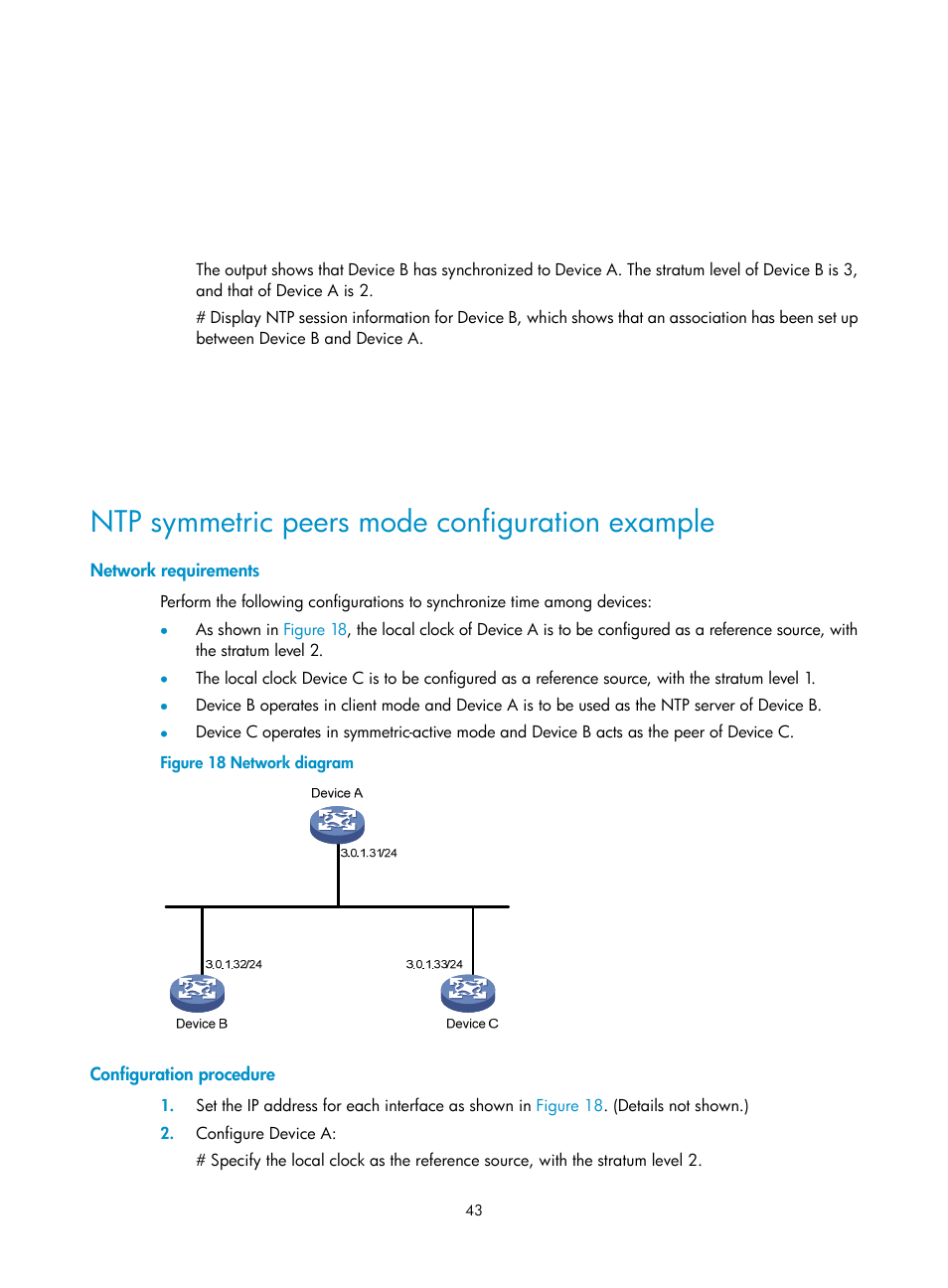 Ntp symmetric peers mode configuration example, Network requirements, Configuration procedure | H3C Technologies H3C MSR 50 User Manual | Page 56 / 239
