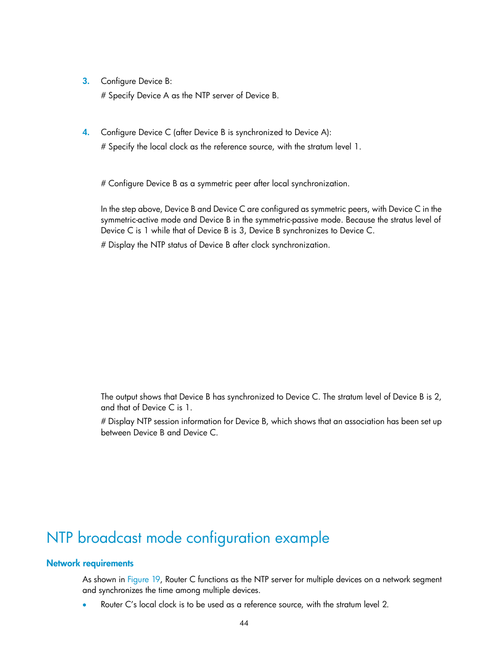 Ntp broadcast mode configuration example, Network requirements | H3C Technologies H3C MSR 50 User Manual | Page 57 / 239