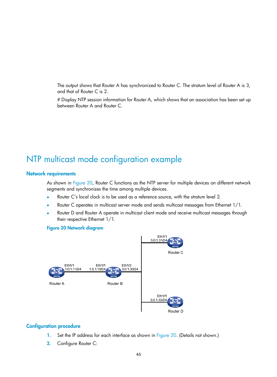 Ntp multicast mode configuration example, Network requirements, Configuration procedure | H3C Technologies H3C MSR 50 User Manual | Page 59 / 239