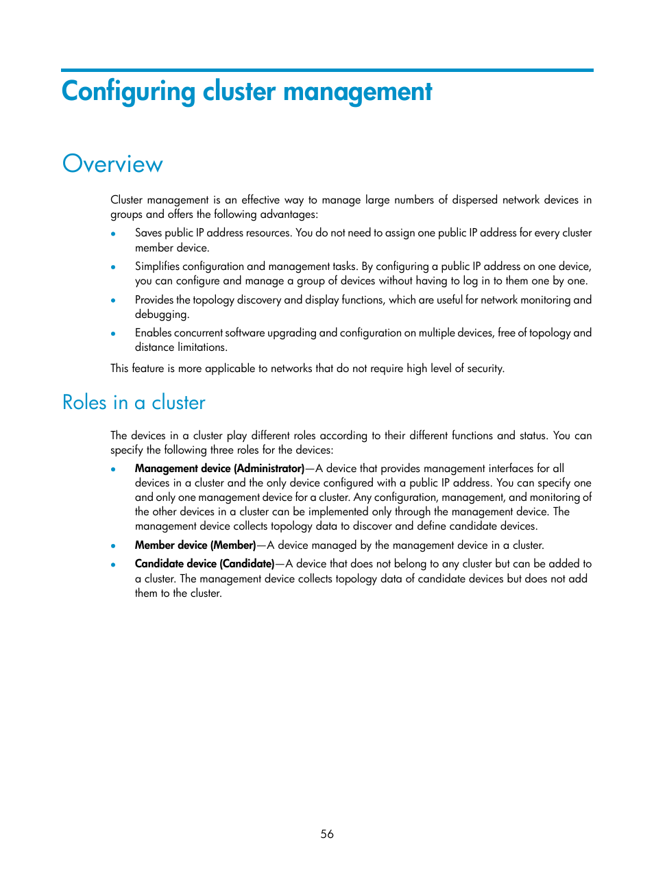 Configuring cluster management, Overview, Roles in a cluster | H3C Technologies H3C MSR 50 User Manual | Page 69 / 239